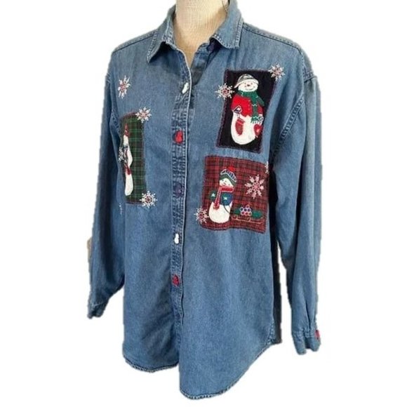 DRESS BARN Snowman Theme Denim Top - Picture 1 of 12